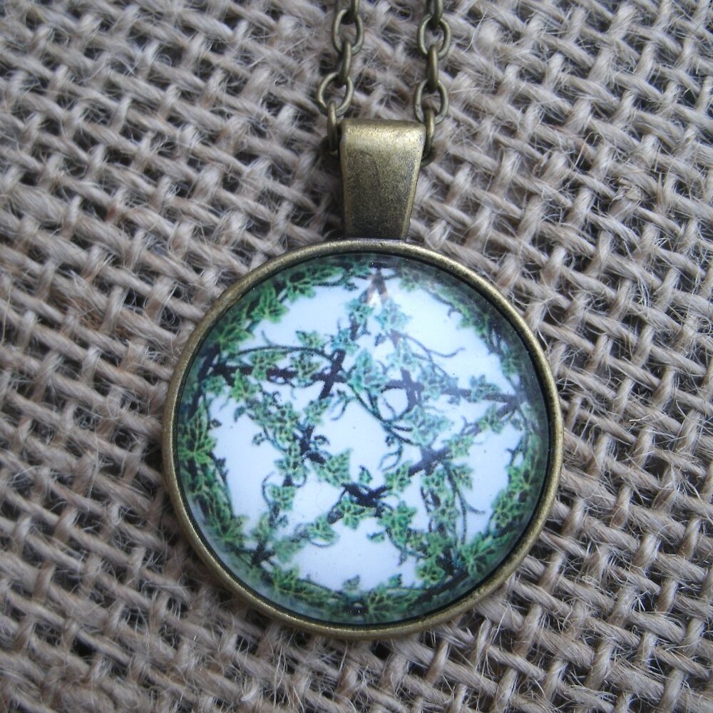 Vine Pentacle Glass Cabochon Pendant Necklace